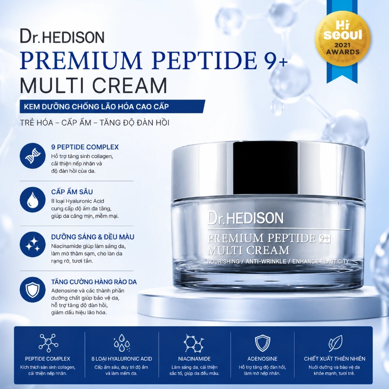 Kem dưỡng cao cấp giảm nhăn, trẻ hóa và tăng đàn hồi da Dr.HEDISON Premium Peptide 9+ 50ml