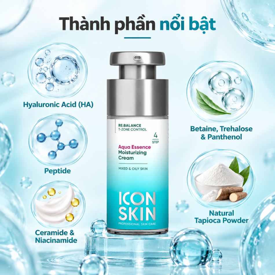 Kem dưỡng cấp ẩm sâu và duy trì độ ẩm Icon Skin Aqua Essence Hyaluronic & Peptide Fluid