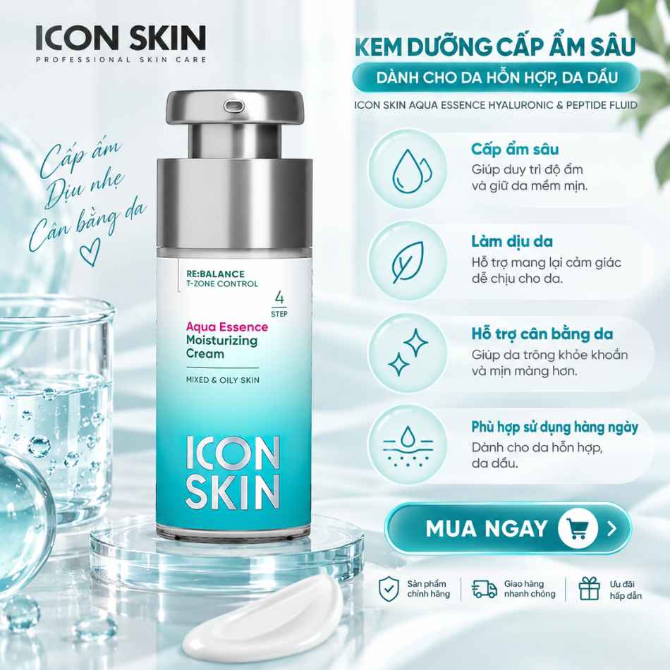 Kem dưỡng cấp ẩm sâu và duy trì độ ẩm Icon Skin Aqua Essence Hyaluronic & Peptide Fluid