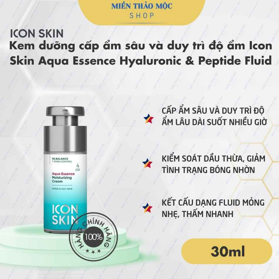 Kem dưỡng cấp ẩm sâu và duy trì độ ẩm Icon Skin Aqua Essence Hyaluronic & Peptide Fluid