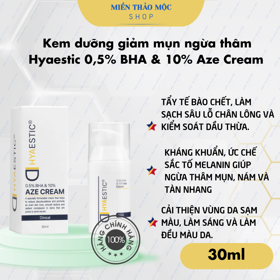 Kem dưỡng giảm mụn ngừa thâm Hyaestic 0,5% BHA & 10% Aze Cream 30ml