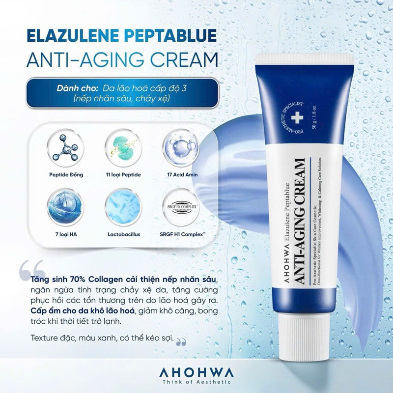 Kem dưỡng phục hồi trẻ hóa tế bào sinh học Ahohwa Elazulene Peptablue Anti-Aging Cream