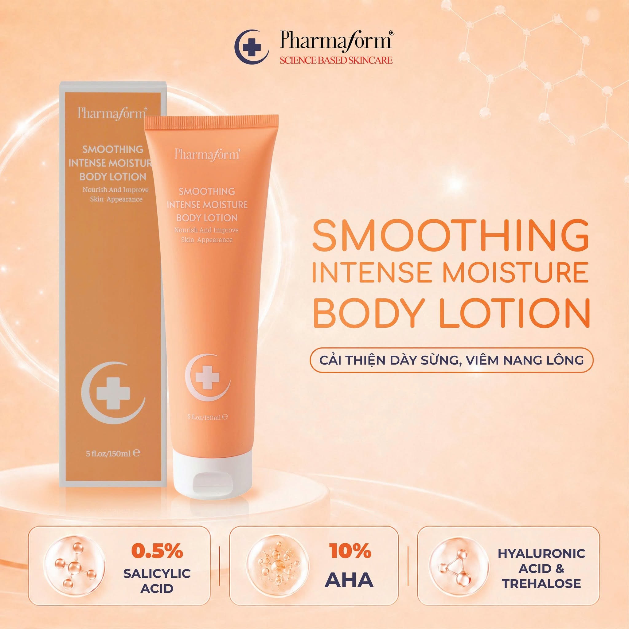 Kem dưỡng thể dưỡng ẩm giảm viêm nang lông mụn cơ thể Pharmaform Smoothing Intense Moisture Body Lotion 150ml