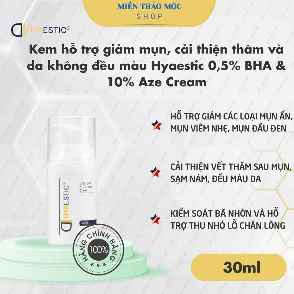 Kem hỗ trợ giảm mụn, cải thiện thâm và da không đều màu Hyaestic 0,5% BHA & 10% Aze Cream