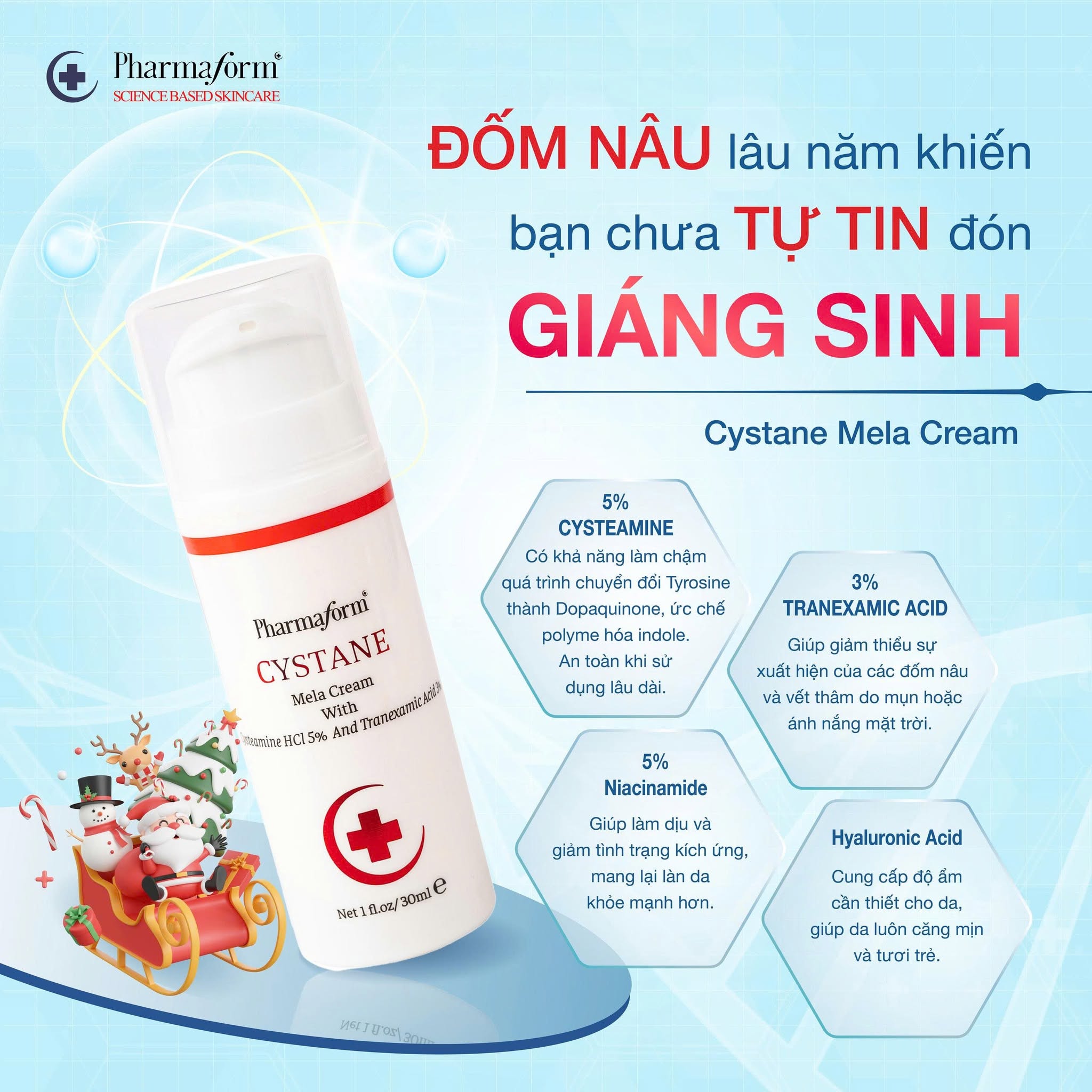 Kem làm mờ nám tàn nhang Pharmaform Cystane Mela Cream 30ml