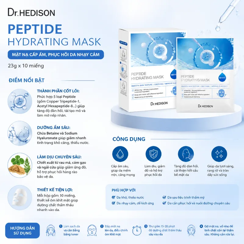 Mặt Nạ Phục Hồi & Cấp Ẩm Da Dr.Hedison Peptide Hydrating Mask 23g x 10 Miếng