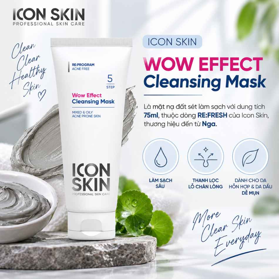 Mặt nạ đất sét cho da dầu da, hỗn hợp Icon Skin Wow Effect Cleansing Mask