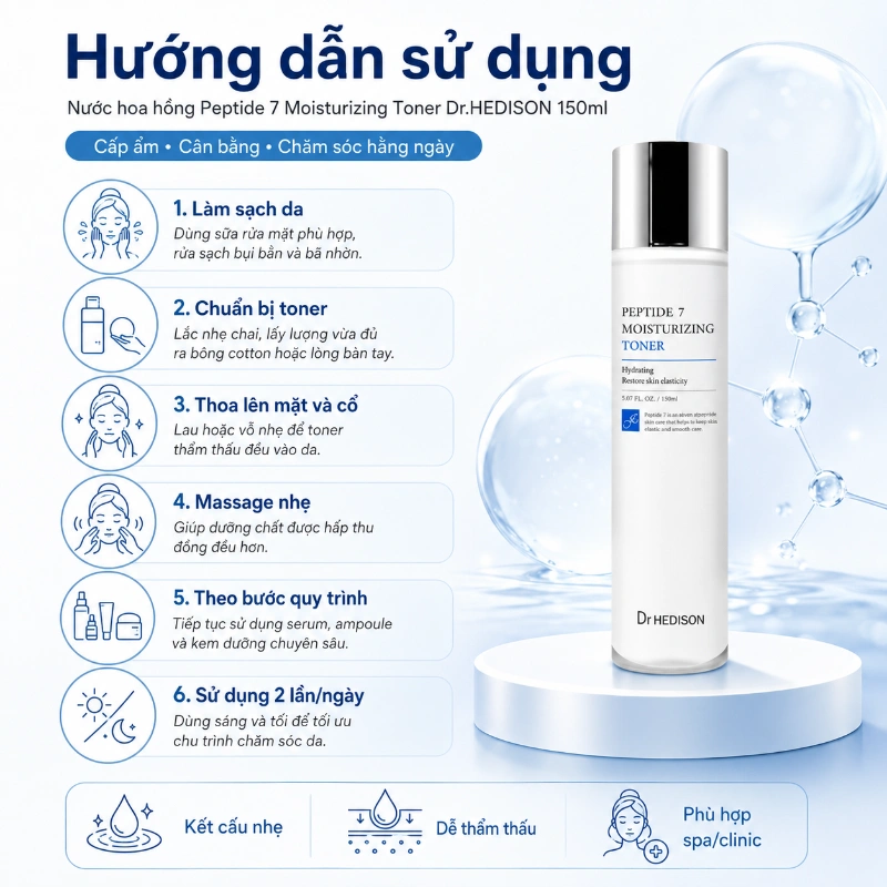Nước Hoa Hồng Tái Tạo Dưỡng Ẩm Sâu, Cấp Ẩm & Giảm Nếp Nhăn Peptide 7 Moisturizing Toner Dr.HEDISON 150ml