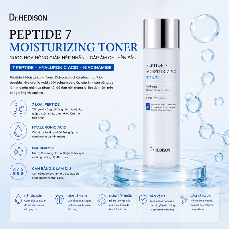 Nước Hoa Hồng Tái Tạo Dưỡng Ẩm Sâu, Cấp Ẩm & Giảm Nếp Nhăn Peptide 7 Moisturizing Toner Dr.HEDISON 150ml