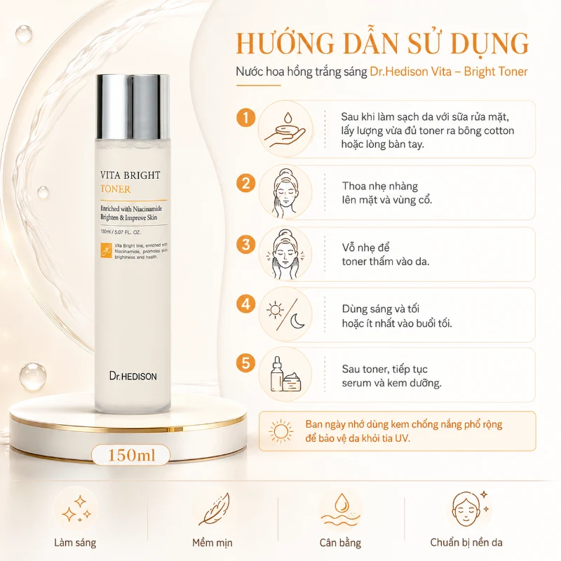 Nước Hoa Hồng Trắng Sáng Dr.Hedison Vita Bright Toner – Cân Bằng Da, Cấp Ẩm Và Hỗ Trợ Dưỡng Sáng (150ml-500ml)