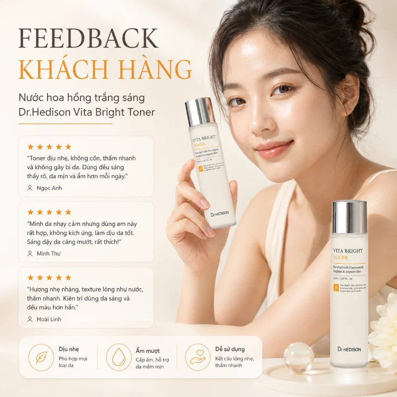 Nước Hoa Hồng Trắng Sáng Dr.Hedison Vita Bright Toner – Cân Bằng Da, Cấp Ẩm Và Hỗ Trợ Dưỡng Sáng (150ml-500ml)