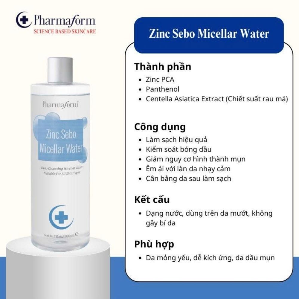 Nước Tẩy Trang Cho Da Dầu, Da Mụn Pharmaform Zinc Sebo Micellar Water