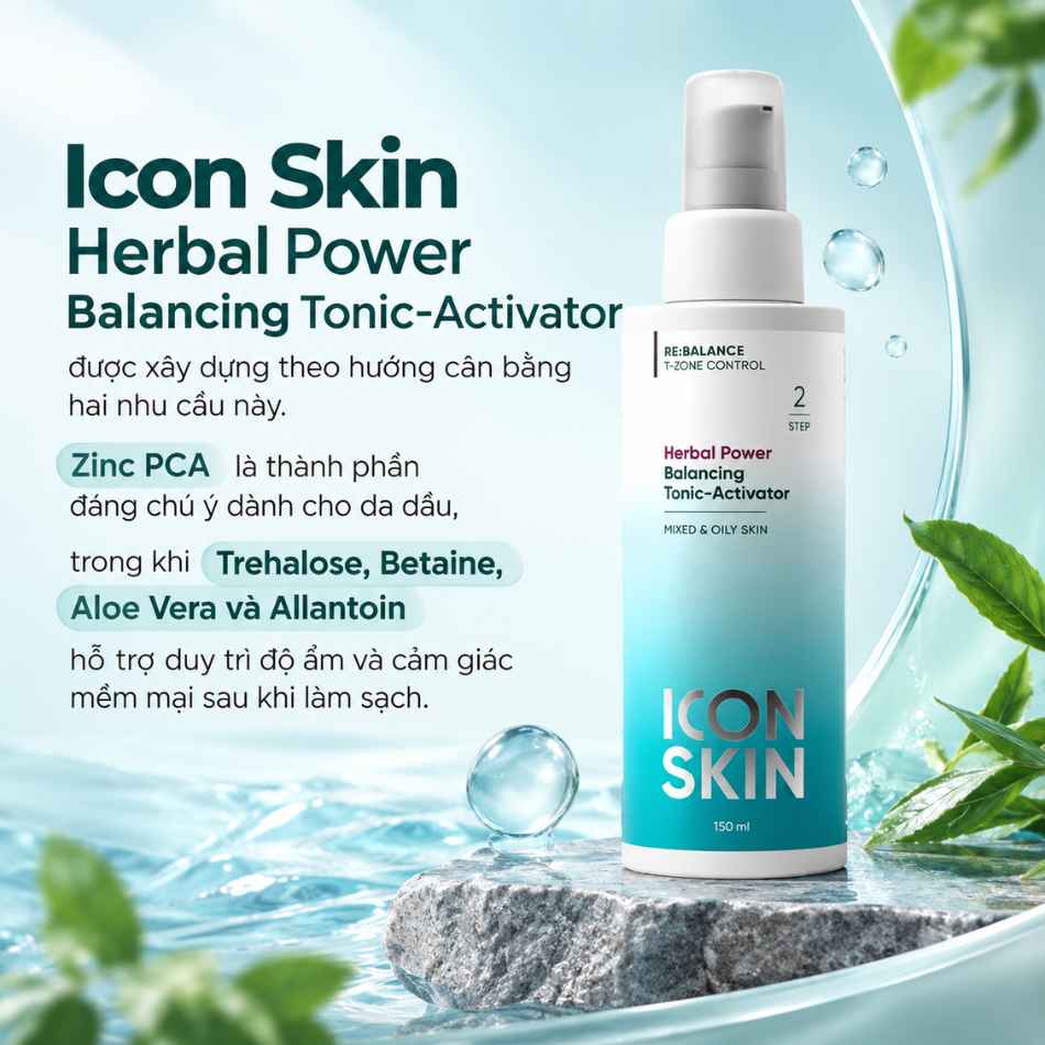 Nước cân bằng cho da dầu, da hỗn hợp Icon Skin Herbal Power Balancing Tonic-Activator
