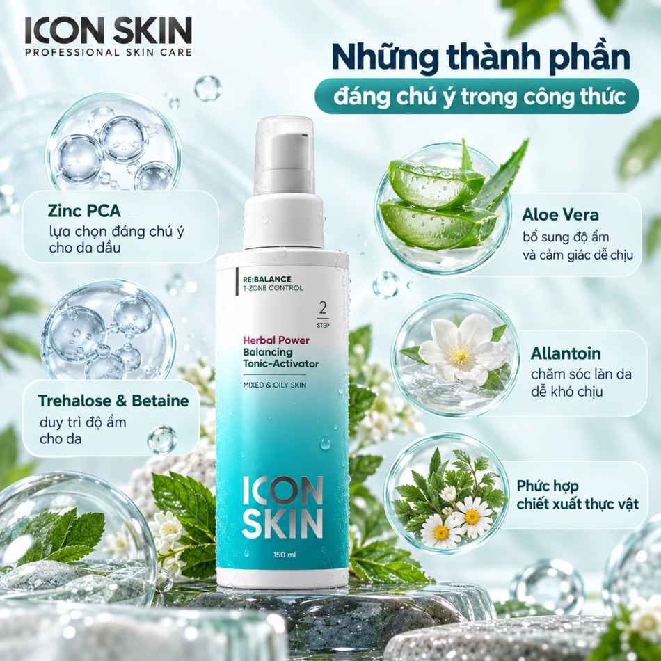 Nước cân bằng cho da dầu, da hỗn hợp Icon Skin Herbal Power Balancing Tonic-Activator