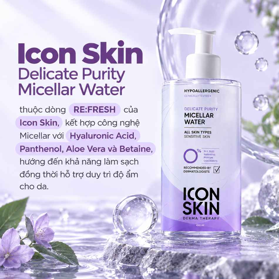Nước tẩy trang dịu nhẹ cho da sạch khoẻ Icon Skin Delicate Purity Micellar Water