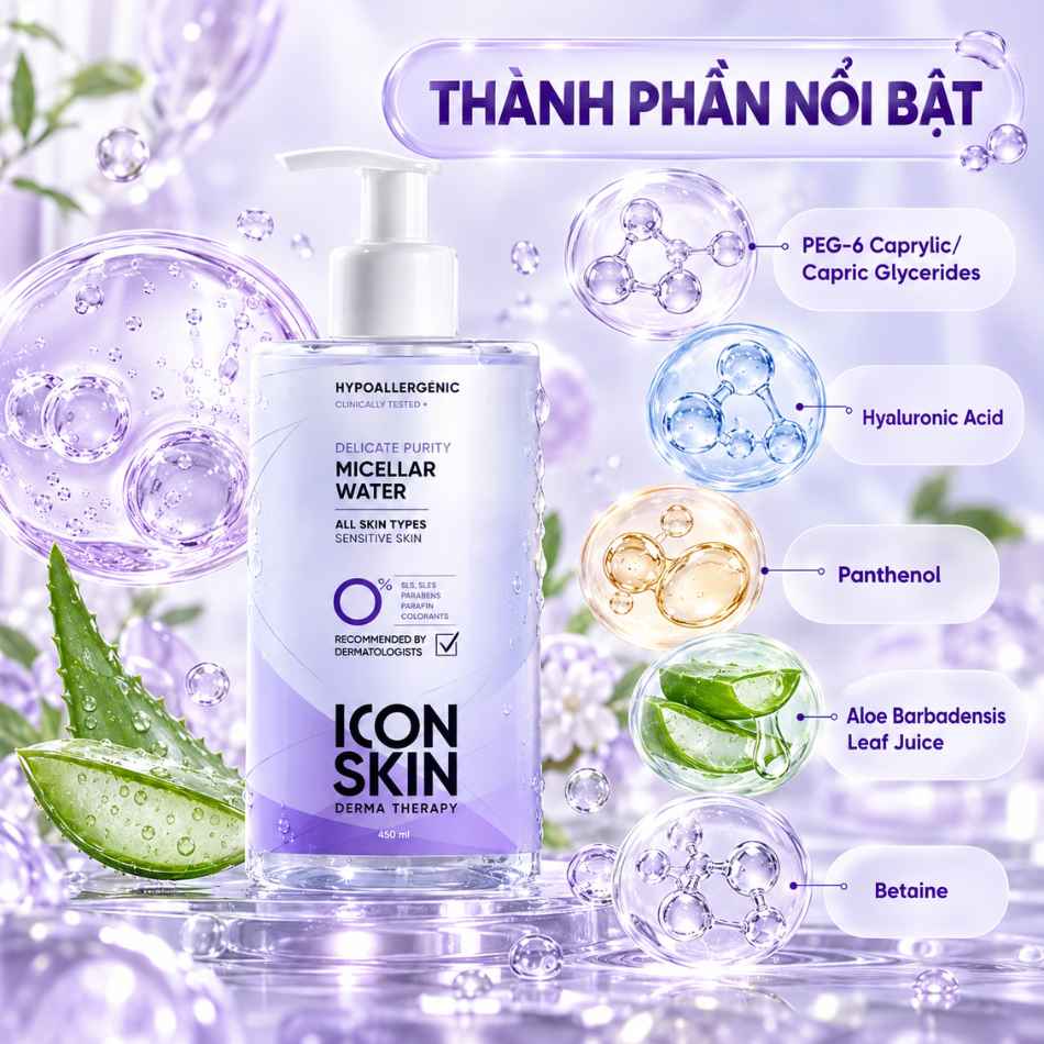 Nước tẩy trang dịu nhẹ cho da sạch khoẻ Icon Skin Delicate Purity Micellar Water