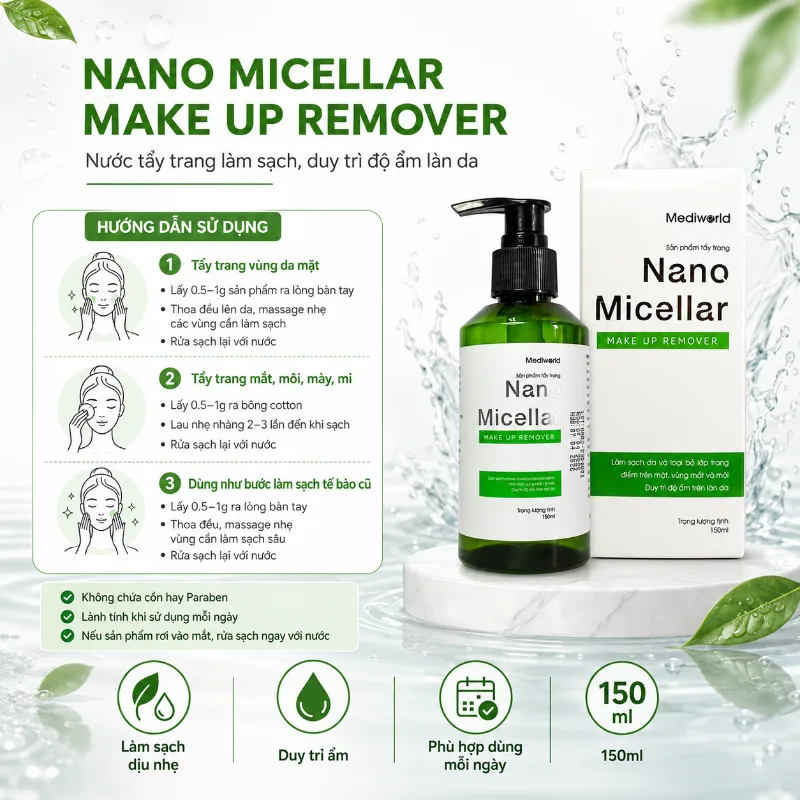Nước tẩy trang làm sạch duy trì độ ẩm làn da Mediworld NANO MICELLAR MAKE UP REMOVER