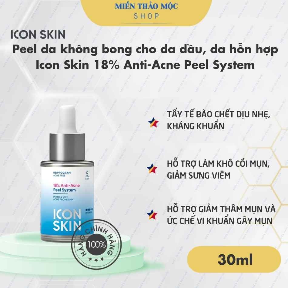 Peel da không bong cho da dầu, da hỗn hợp Icon Skin 18% Anti-Acne Peel System