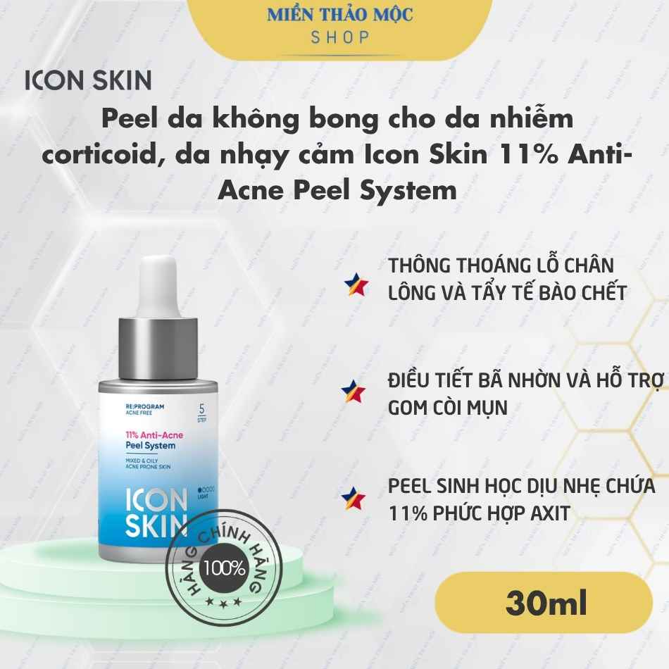 Peel da không bong cho da nhiễm corticoid, da nhạy cảm Icon Skin 11% Anti-Acne Peel System