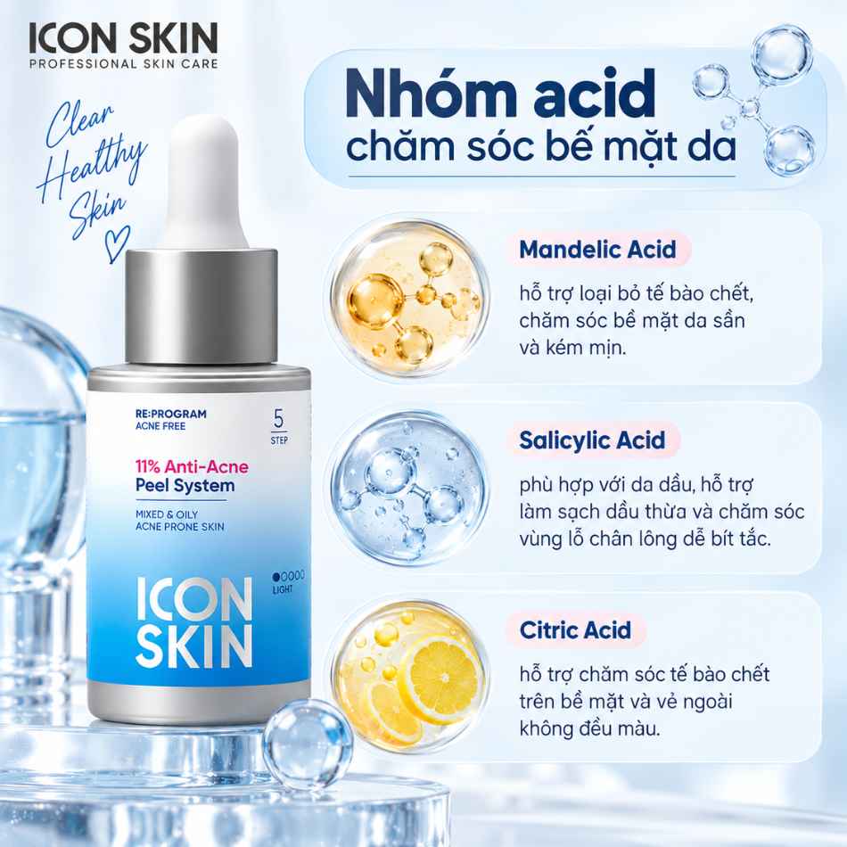 Peel da không bong cho da nhiễm corticoid, da nhạy cảm Icon Skin 11% Anti-Acne Peel System