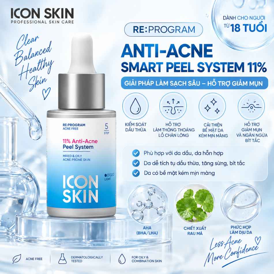 Peel da không bong cho da nhiễm corticoid, da nhạy cảm Icon Skin 11% Anti-Acne Peel System