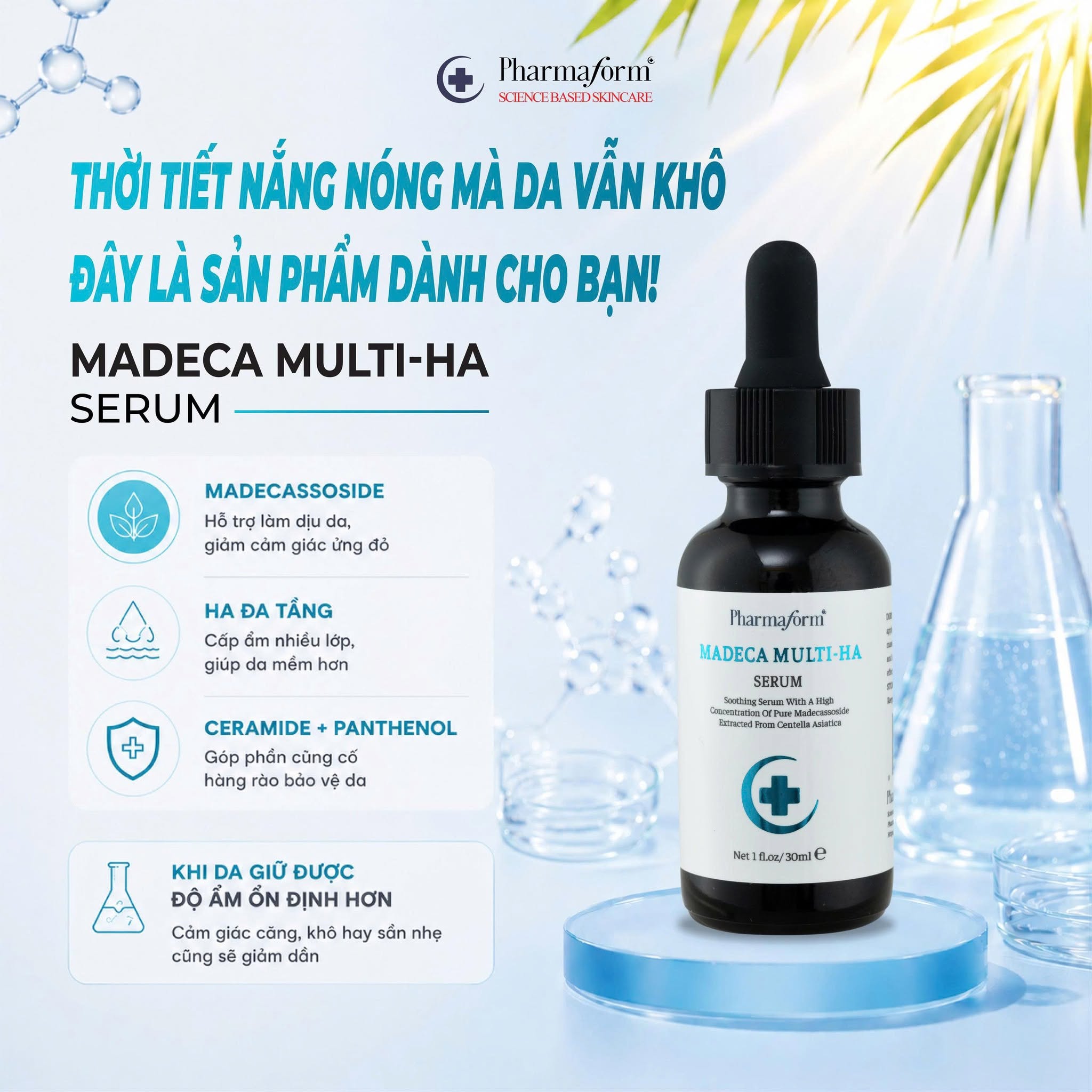 Serum Cấp Ẩm, Làm Dịu Và Hỗ Trợ Phục Hồi Da Nhạy Cảm Pharmaform Madeca Multi-HA Serum