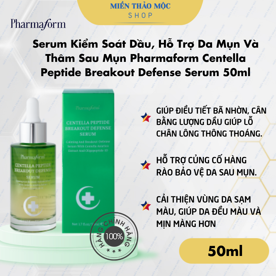 Serum Kiểm Soát Dầu, Hỗ Trợ Da Mụn Và Thâm Sau Mụn Pharmaform Centella Peptide Breakout Defense Serum 50ml