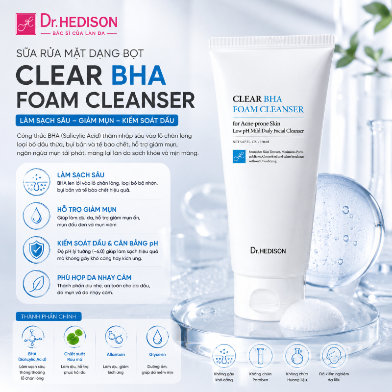 Sữa Rửa Mặt Dạng Bọt Làm Sạch Sâu Cho Da Dầu Mụn Dr.HEDISON Clear BHA Foaming Cleanser 180ml
