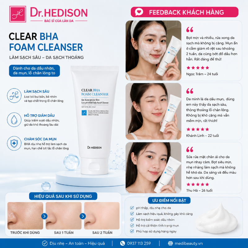 Sữa Rửa Mặt Dạng Bọt Làm Sạch Sâu Cho Da Dầu Mụn Dr.HEDISON Clear BHA Foaming Cleanser 180ml