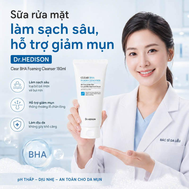 Sữa Rửa Mặt Dạng Bọt Làm Sạch Sâu Cho Da Dầu Mụn Dr.HEDISON Clear BHA Foaming Cleanser 180ml
