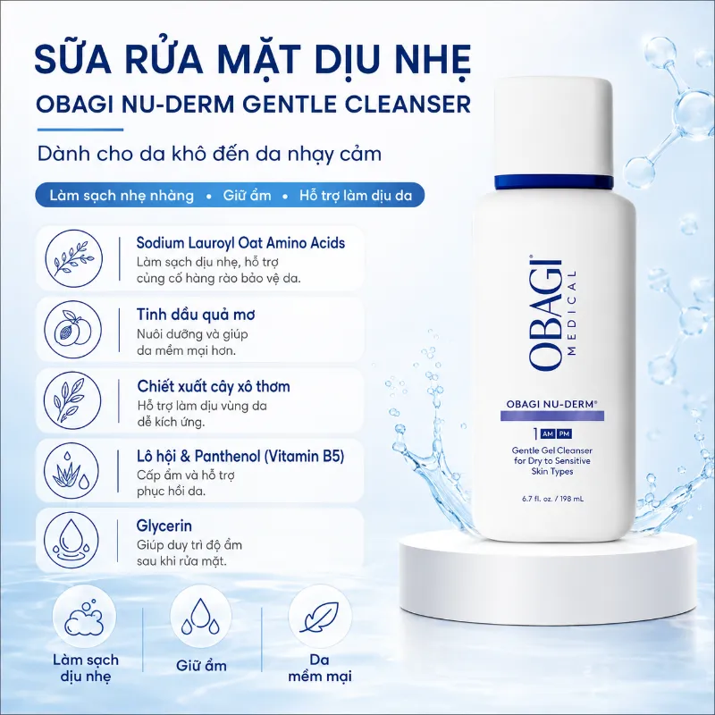 Sữa Rửa Mặt Dịu Nhẹ, Làm Sạch & Dưỡng Ẩm Da Obagi Nu-Derm Gentle Cleanser 200ml