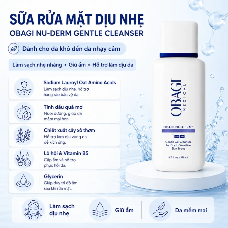 Sữa Rửa Mặt Dịu Nhẹ, Làm Sạch & Dưỡng Ẩm Da Obagi Nu-Derm Gentle Cleanser 200ml