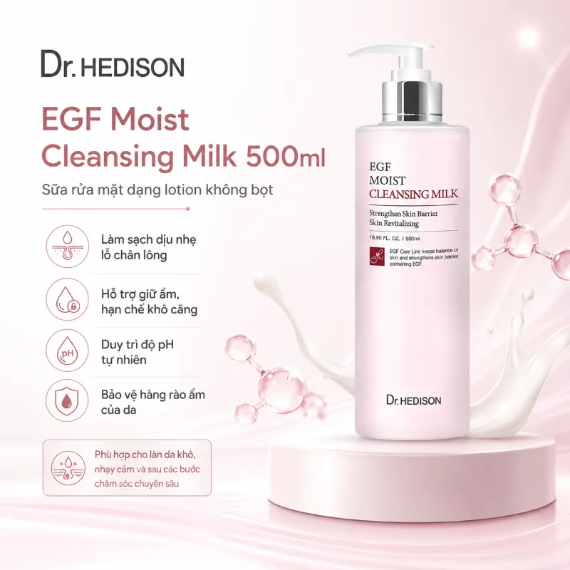 Sữa Rửa Mặt Làm Sạch Dịu Nhẹ, Phục Hồi Da Dr.Hedison EGF Moist Cleansing Milk 500ml