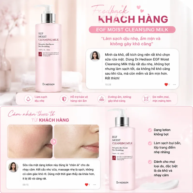 Sữa Rửa Mặt Làm Sạch Dịu Nhẹ, Phục Hồi Da Dr.Hedison EGF Moist Cleansing Milk 500ml