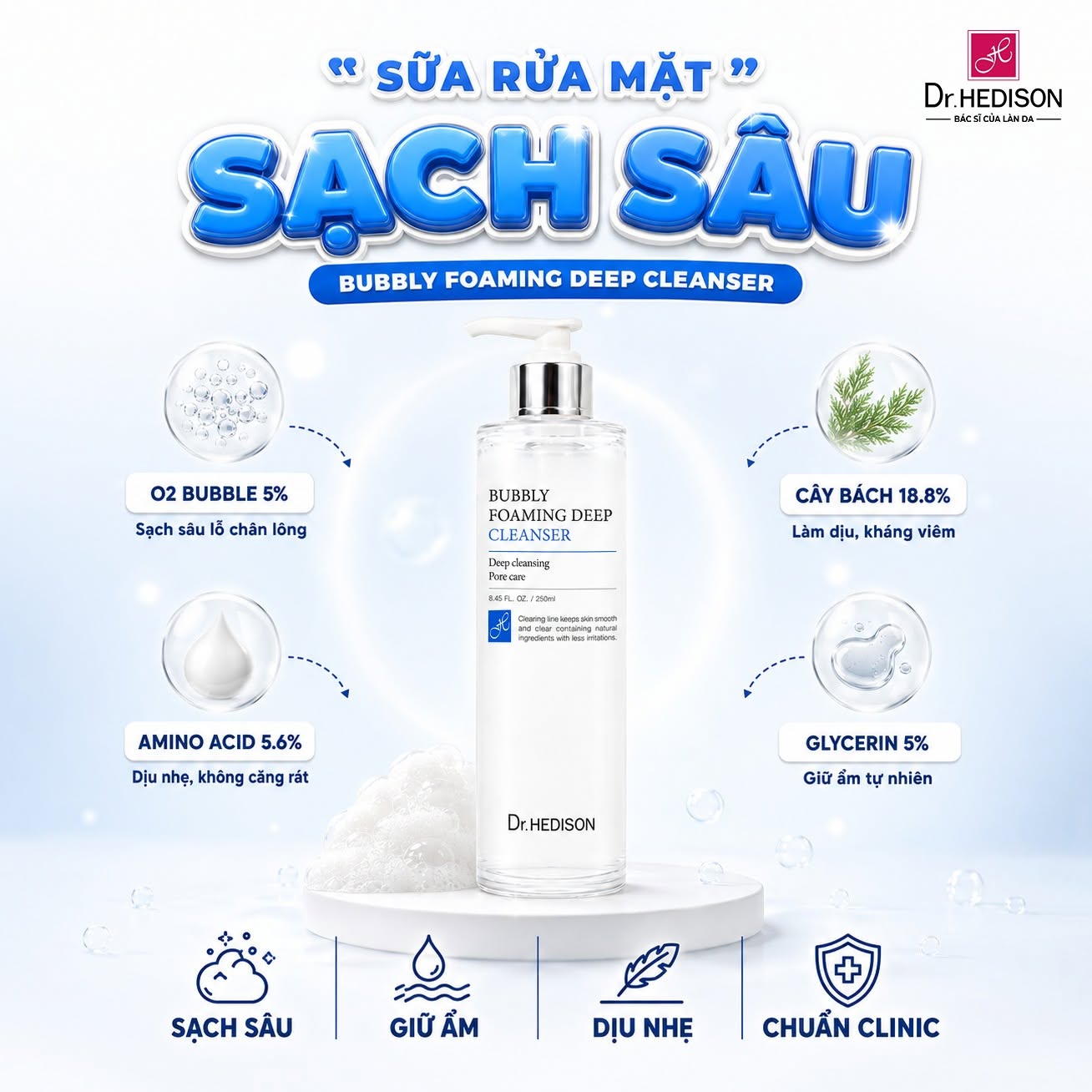 Sữa rửa mặt sủi bọt làm sạch sâu Dr.HEDISON Bubbly Foaming Deep Cleanser