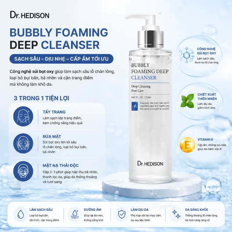 Sữa Rửa Mặt Sủi Bọt Detox Làm Sạch Sâu Cho Da Dầu, Da Hỗn Hợp Dr.Hedison Bubbly Foaming Deep Cleanser