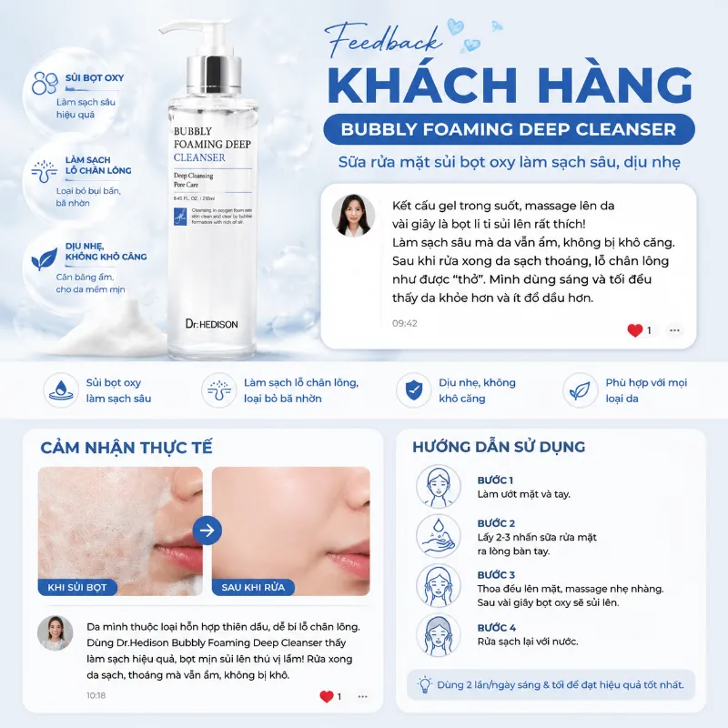 Sữa Rửa Mặt Sủi Bọt Detox Làm Sạch Sâu Cho Da Dầu, Da Hỗn Hợp Dr.Hedison Bubbly Foaming Deep Cleanser