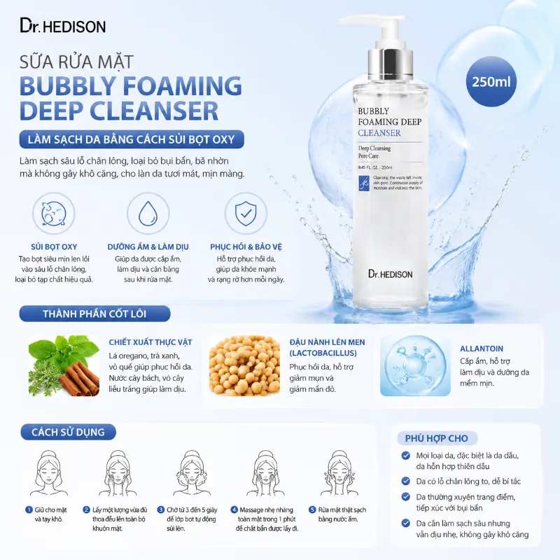 Sữa Rửa Mặt Sủi Bọt Detox Làm Sạch Sâu Cho Da Dầu, Da Hỗn Hợp Dr.Hedison Bubbly Foaming Deep Cleanser