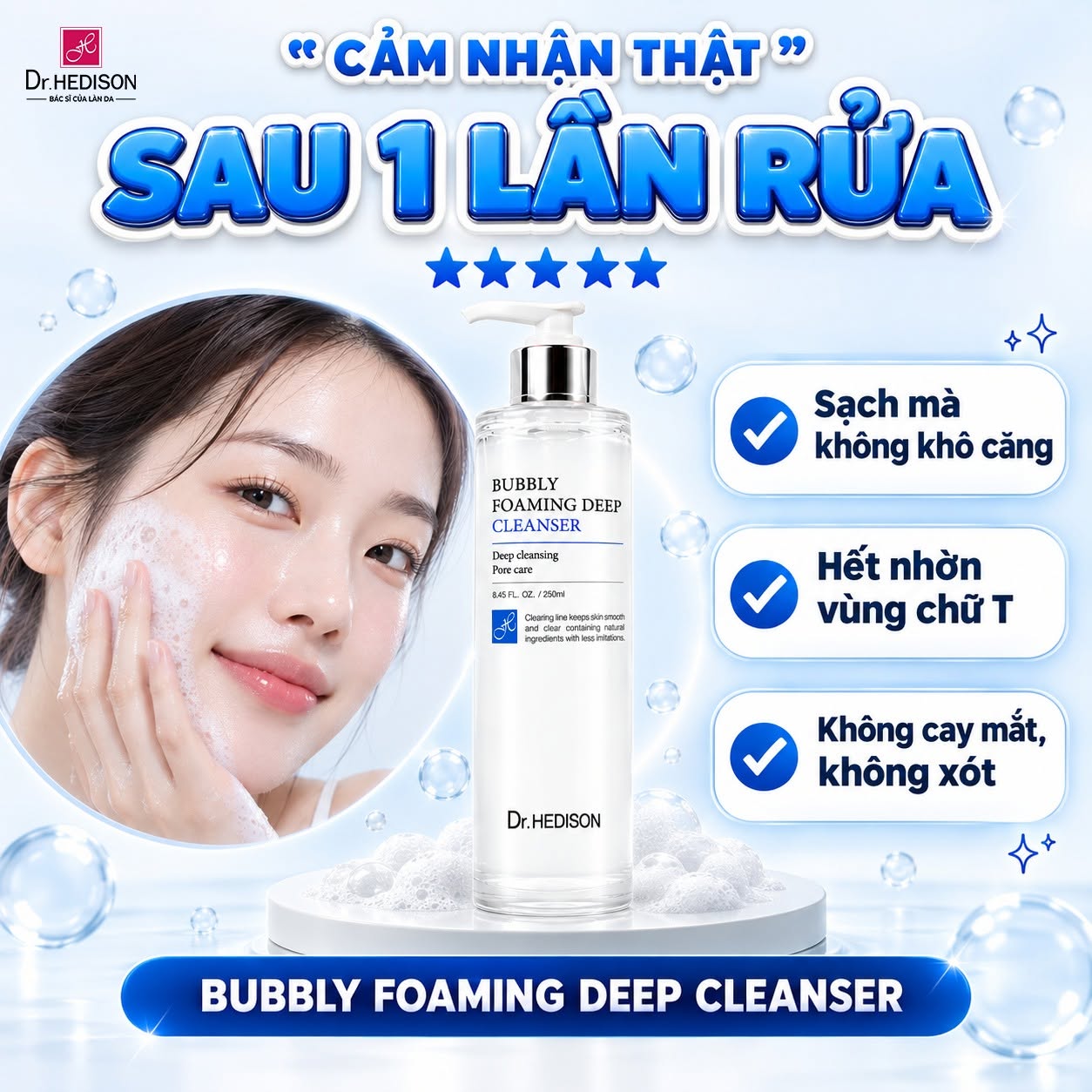 Sữa rửa mặt sủi bọt làm sạch sâu Dr.HEDISON Bubbly Foaming Deep Cleanser