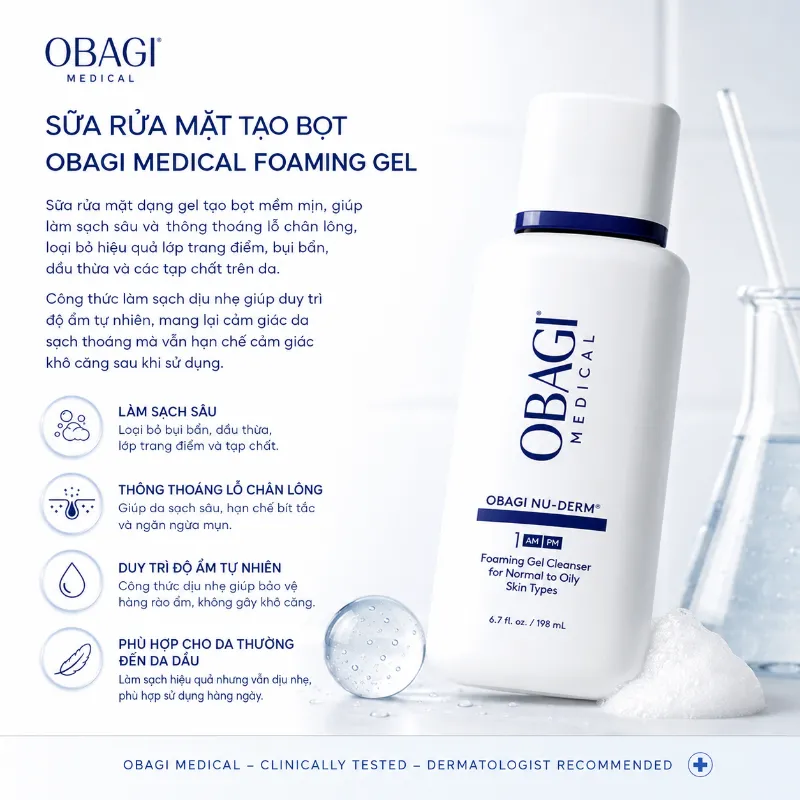 Sữa Rửa Mặt Tạo Bọt Cho Da Thường Đến Da Dầu Obagi Nu-Derm Foaming Gel 200ml