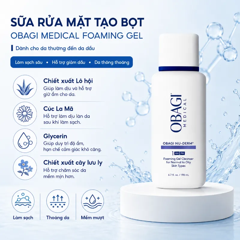 Sữa Rửa Mặt Tạo Bọt Cho Da Thường Đến Da Dầu Obagi Nu-Derm Foaming Gel 200ml