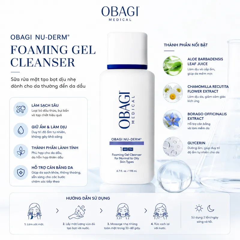 Sữa Rửa Mặt Tạo Bọt Cho Da Thường Đến Da Dầu Obagi Nu-Derm Foaming Gel 200ml