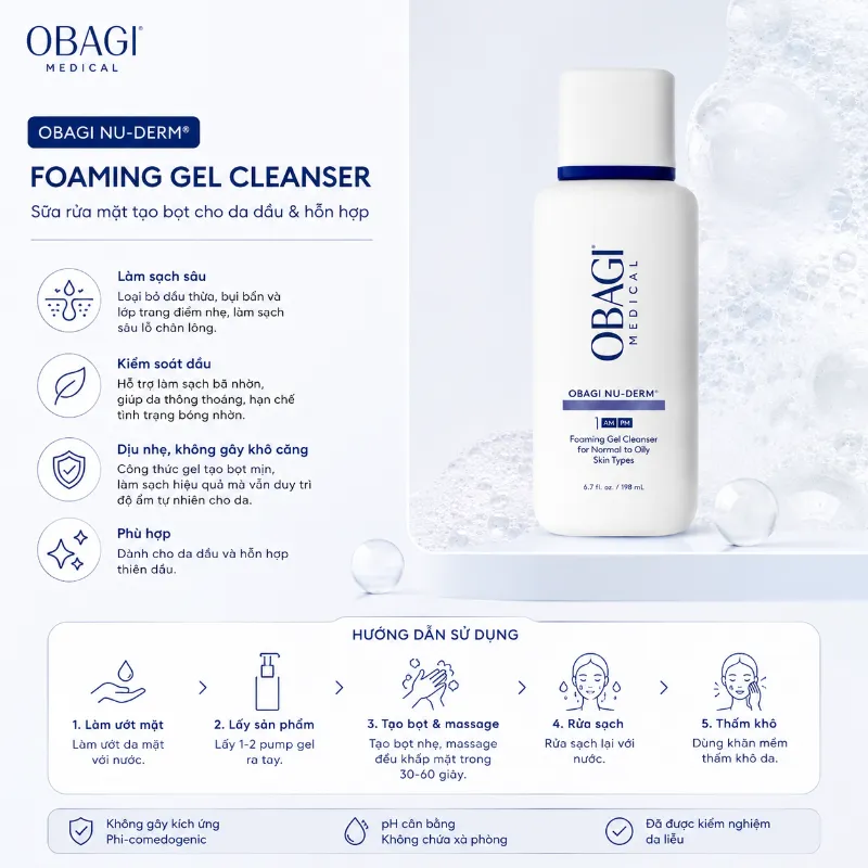 Sữa Rửa Mặt Tạo Bọt Cho Da Thường Đến Da Dầu Obagi Nu-Derm Foaming Gel 200ml