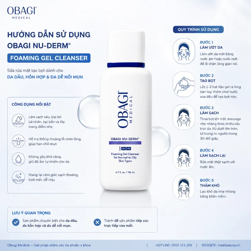 Sữa Rửa Mặt Tạo Bọt Cho Da Thường Đến Da Dầu Obagi Nu-Derm Foaming Gel 200ml