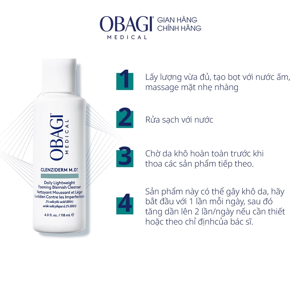 Sữa Rửa Mặt Tẩy Tế Bào Chết Cho Da Dầu Mụn Obagi CLENZIderm M.D. Foaming Blemish