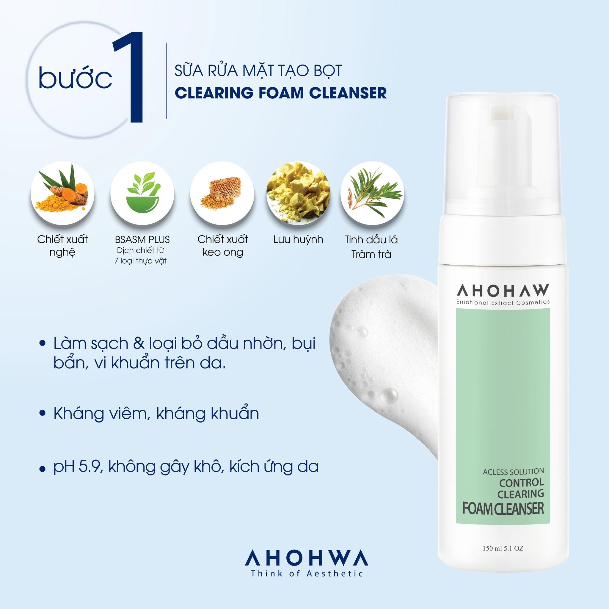 Sữa rửa mặt cho da dầu da hỗn hợp làm sạch sâu cải thiện mụn Ahohwa Acless Solution Control Clearing Foam Cleanser