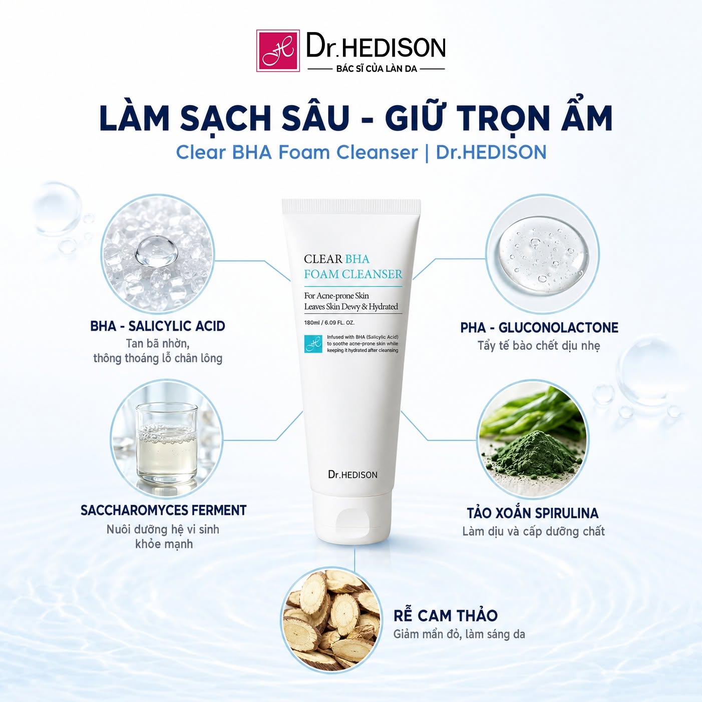 Sữa rửa mặt dạng bọt làm sạch sâu, hỗ trợ giảm dầu nhờn Dr.HEDISON Clear BHA Foaming Cleanser