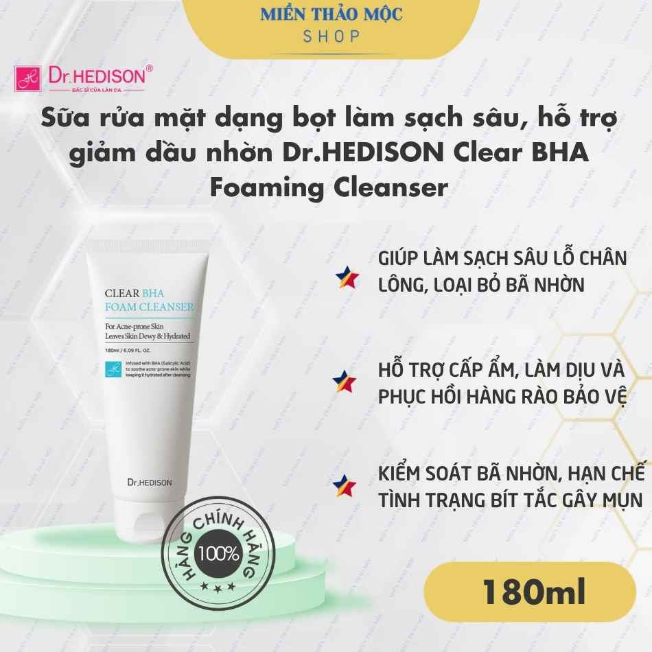 Sữa rửa mặt dạng bọt làm sạch sâu, hỗ trợ giảm dầu nhờn Dr.HEDISON Clear BHA Foaming Cleanser