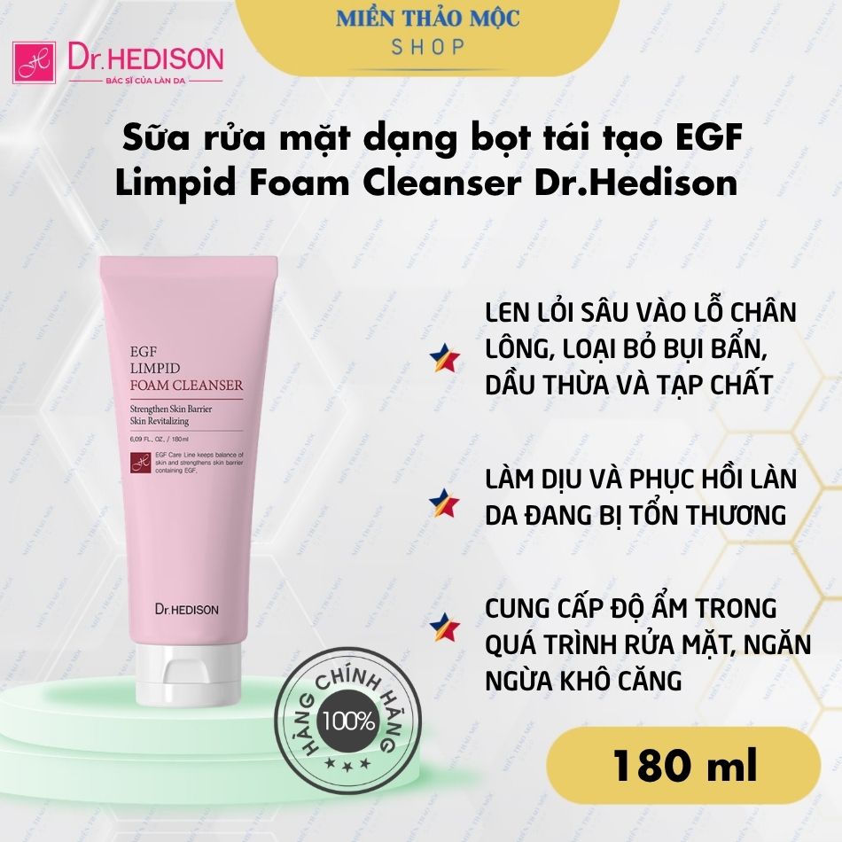 Sữa rửa mặt dạng bọt tái tạo,hỗ trợ phục hồi và bảo vệ hàng rào da EGF Limpid Foam Cleanser Dr. Hedison 180ml