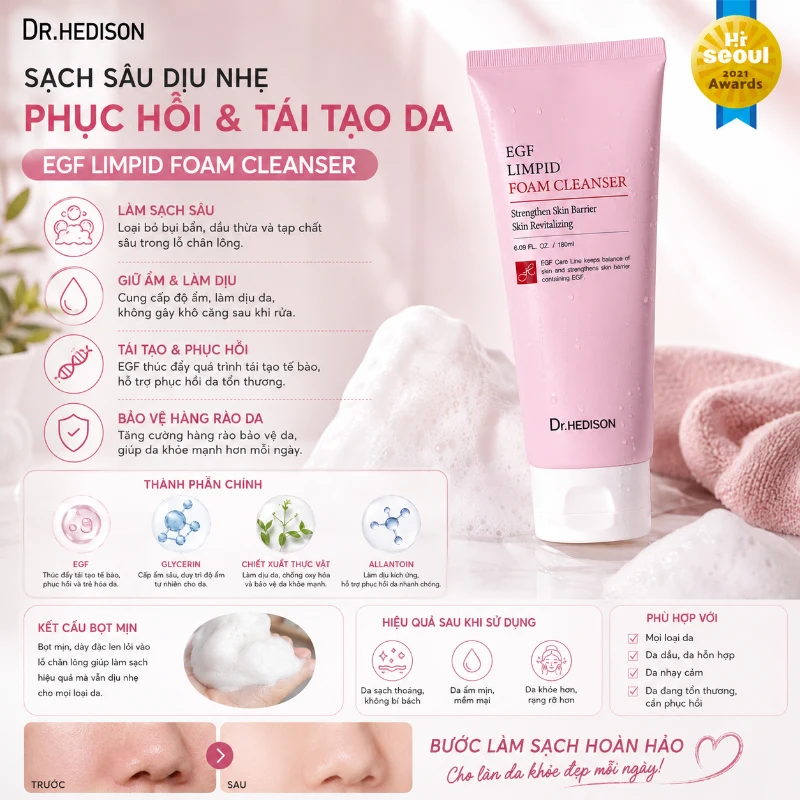 Sữa rửa mặt dạng bọt tái tạo,hỗ trợ phục hồi và bảo vệ hàng rào da EGF Limpid Foam Cleanser Dr. Hedison 180ml